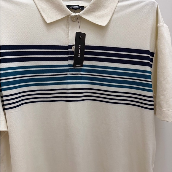 Express Men’s Striped Polo Shirt Cream Blue Short Sleeve NWT Size small - Picture 4 of 12